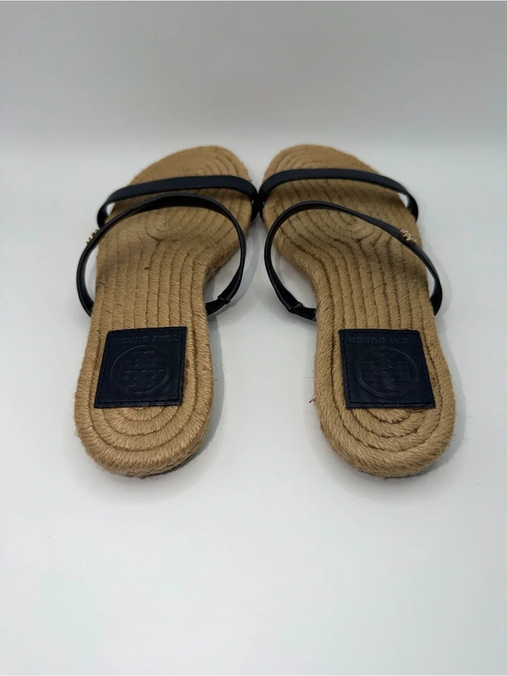 Tory Burch Black Leather Double-Strap Espadrille Slide Sandals